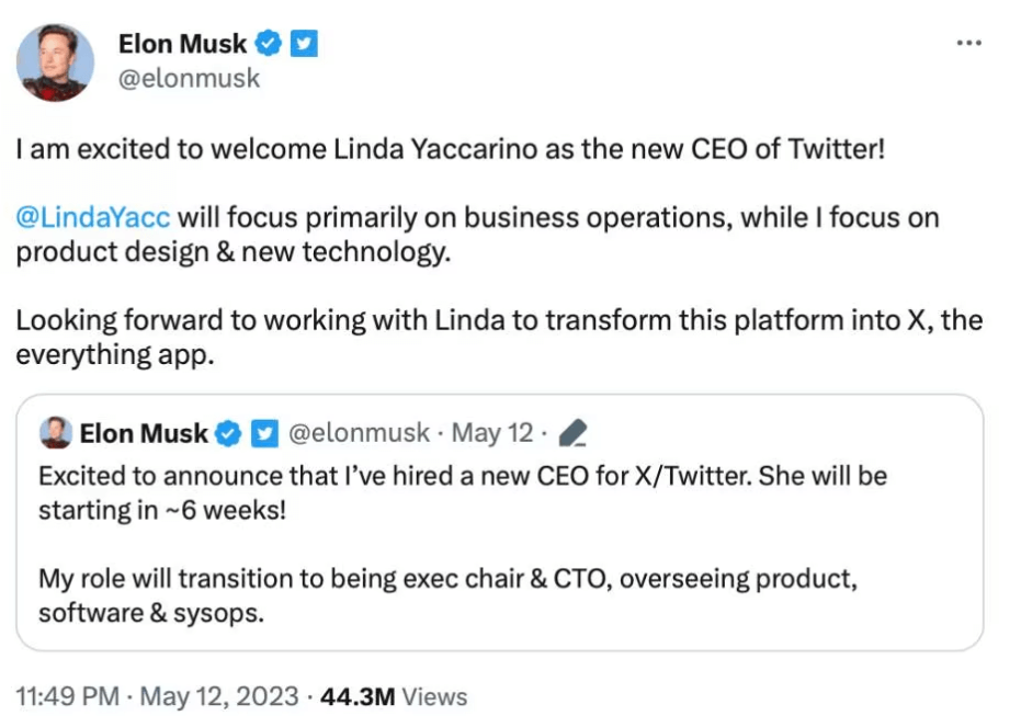 Elon Musk Names Linda Yaccarino as New Twitter CEO